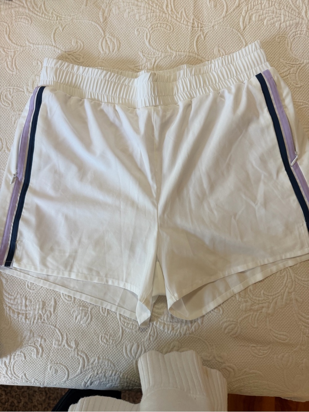 Calme by Johnny Was. White Athletic Shorts with Navy & Lavender Side Stripes M
